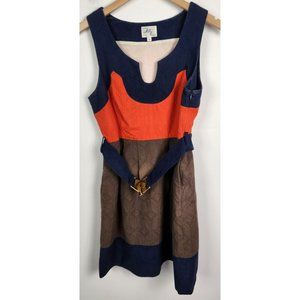 Milly of New York Women's Sz. 8 Orange/Navy/Brown Belted Fit & Flare Dress